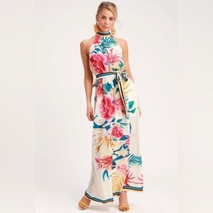 Tropic of Conversation Cream Tropical Print Halter Maxi Dress